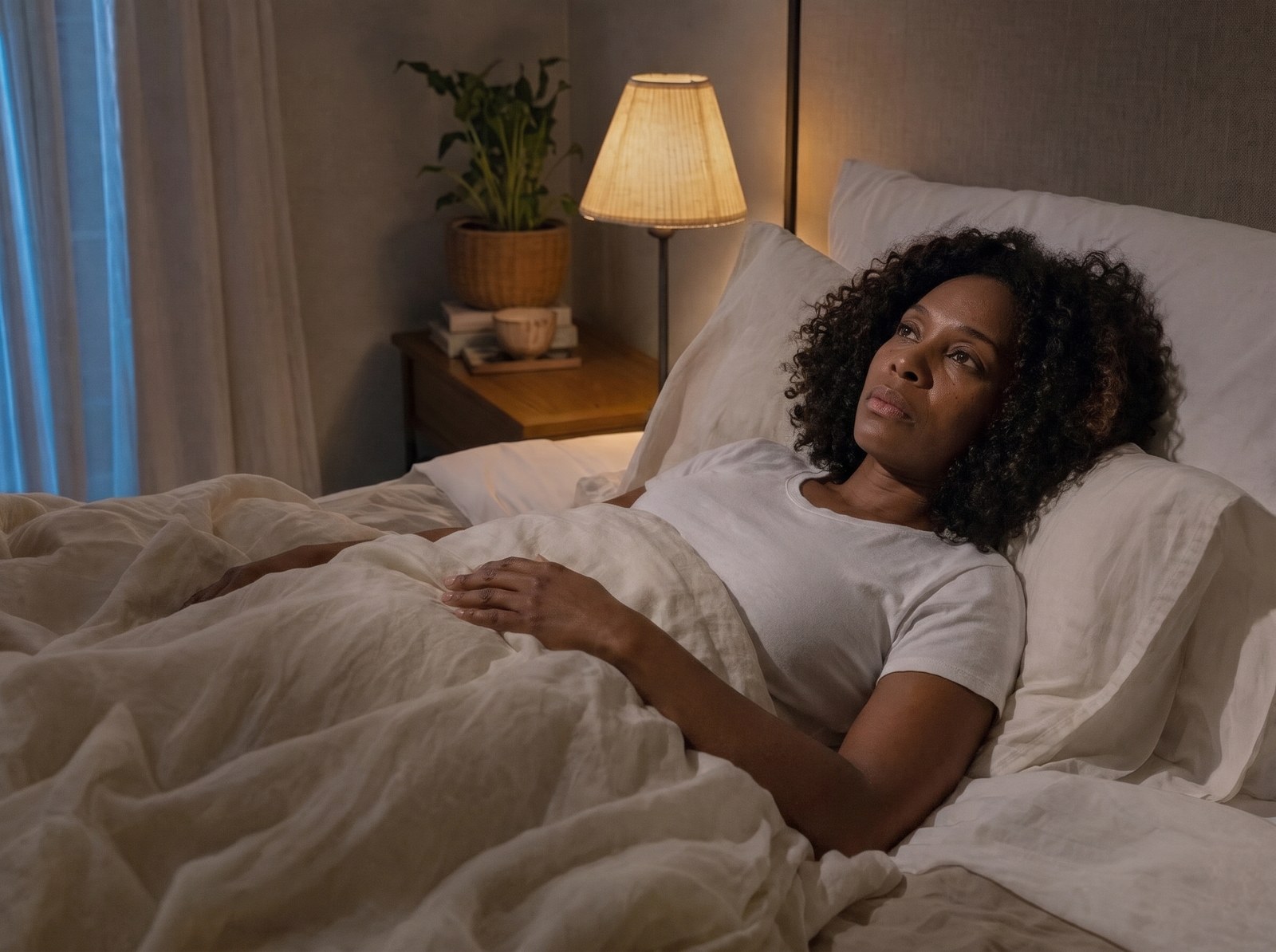 A woman in her 40s awake in bed at 3am, staring at the clock
