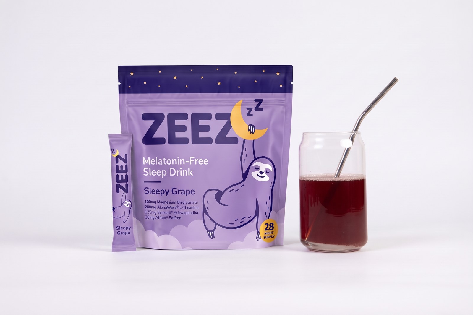 ZEEZ pouch and stick beside a prepared drink